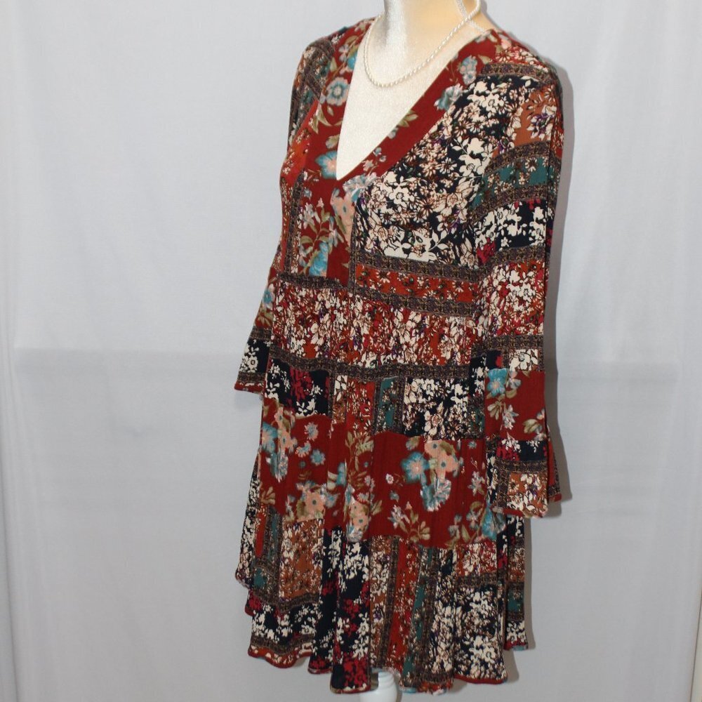 Entro V-Neck Patchwork Pattern Long Sleeve Boho D… - image 5